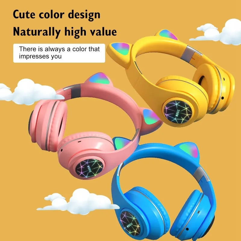 Cat ear wireless Bluetooth sports headset in multiple colours showing head-mounted design