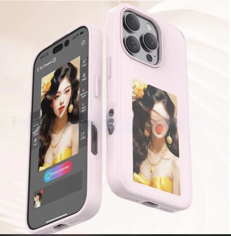 E-ink screen phone case for iPhone with TPU body, mirror element and NFC projection, shown in black with INKZONE app image display.