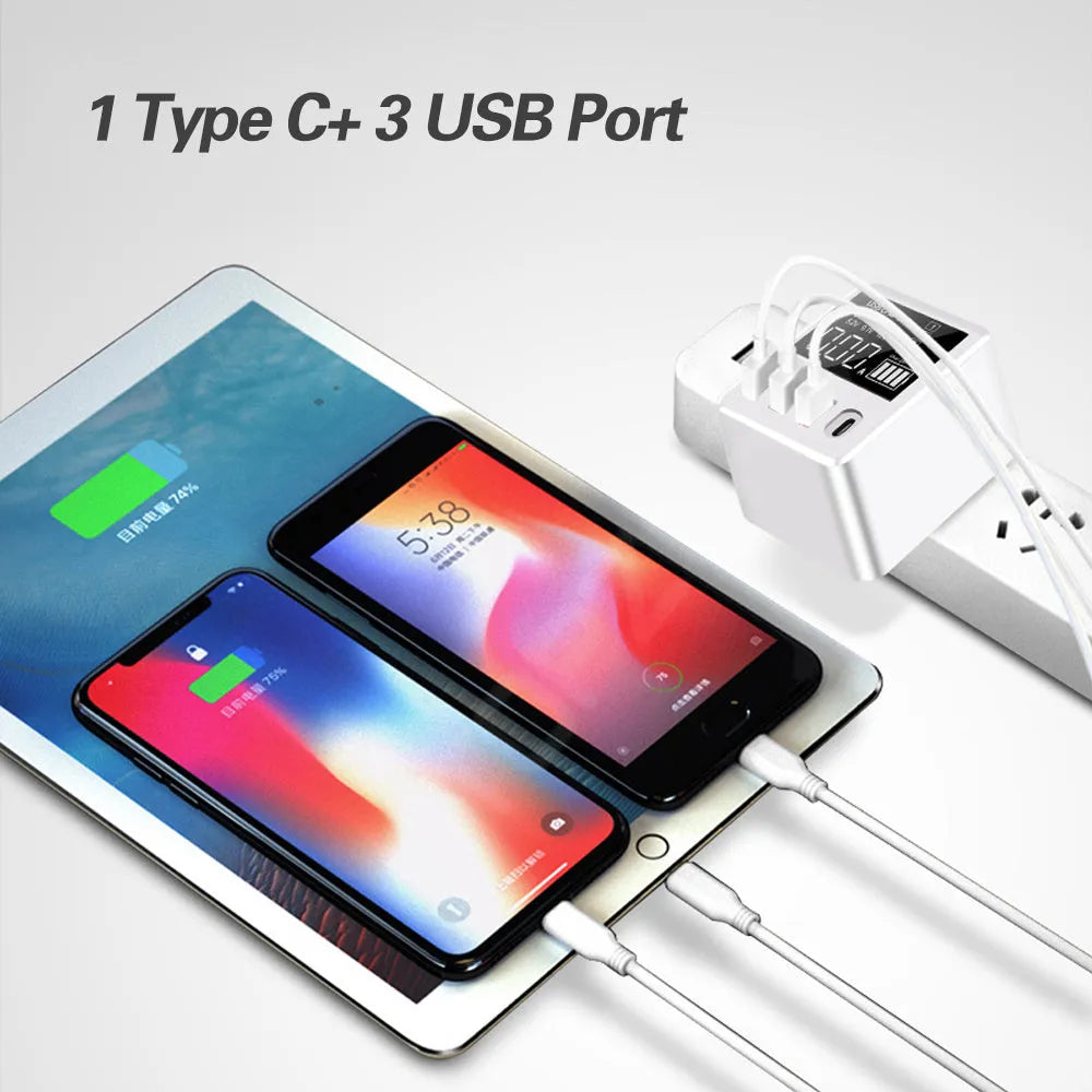 White 4-port USB travel charger with LED display showing UK plug