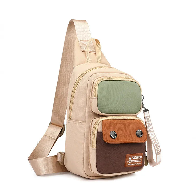 Outdoor leisure crossbody shoulder bag with contrasting colour trim and multifunctional storage pockets