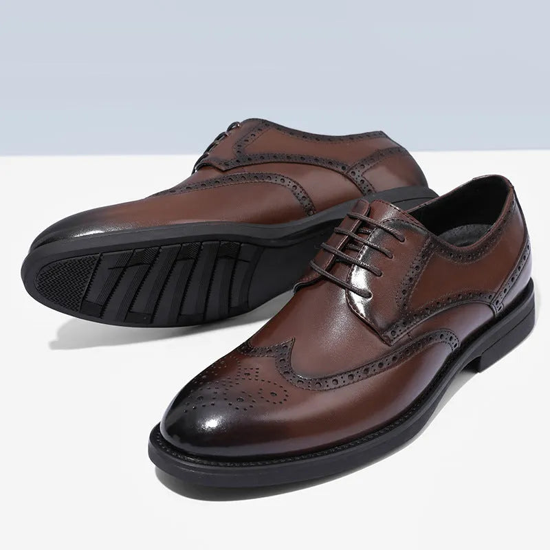 Men's black and brown brogue leather shoes in business style with PU leather upper material