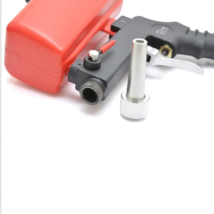 Portable pneumatic sandblasting gun with tank, shown in black or blue, for workshop surface cleaning.