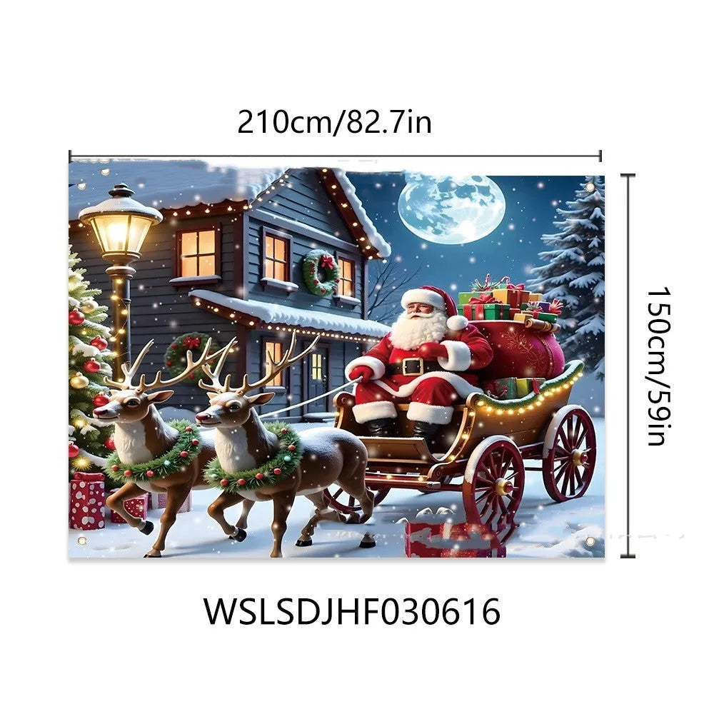 Santa Claus Christmas banner with night gift scene on polyester fabric measuring 210x150 cm
