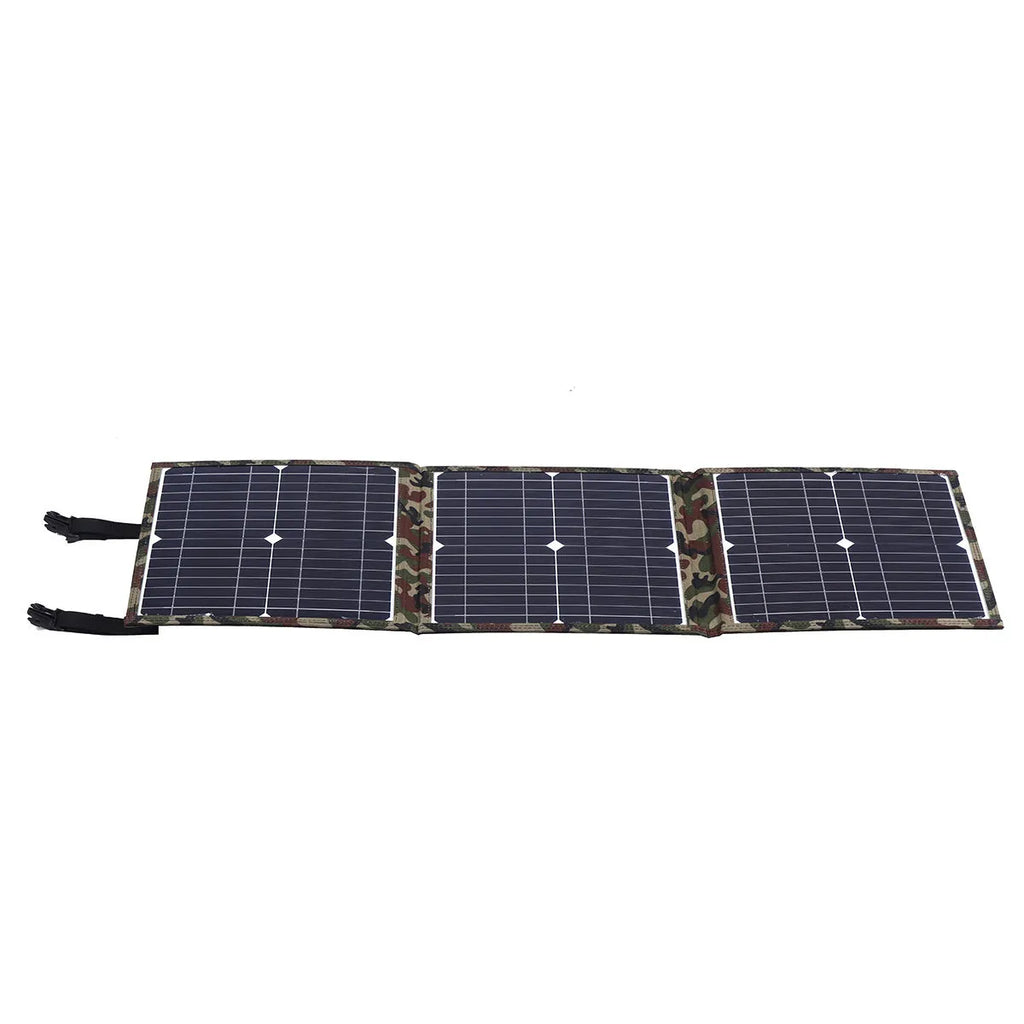 Black foldable solar panel unfolded showing three solar cells with accessories including battery clips and cables