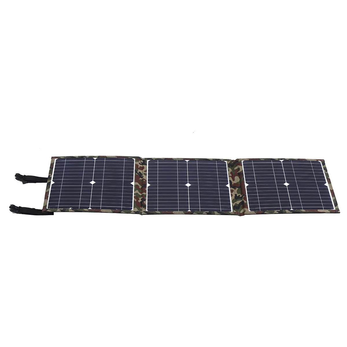 Black foldable solar panel unfolded showing three solar cells with accessories including battery clips and cables