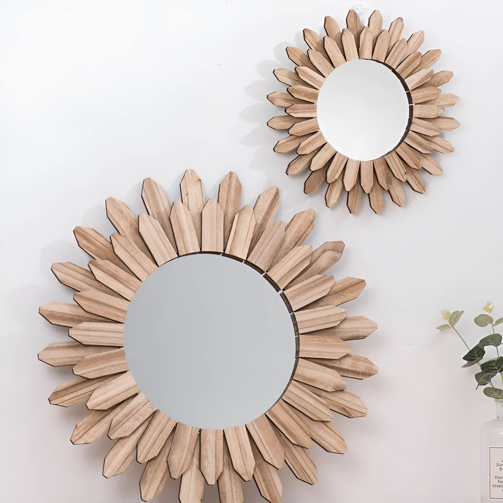 Solid wood European-style hanging mirror in baked colour on a wall