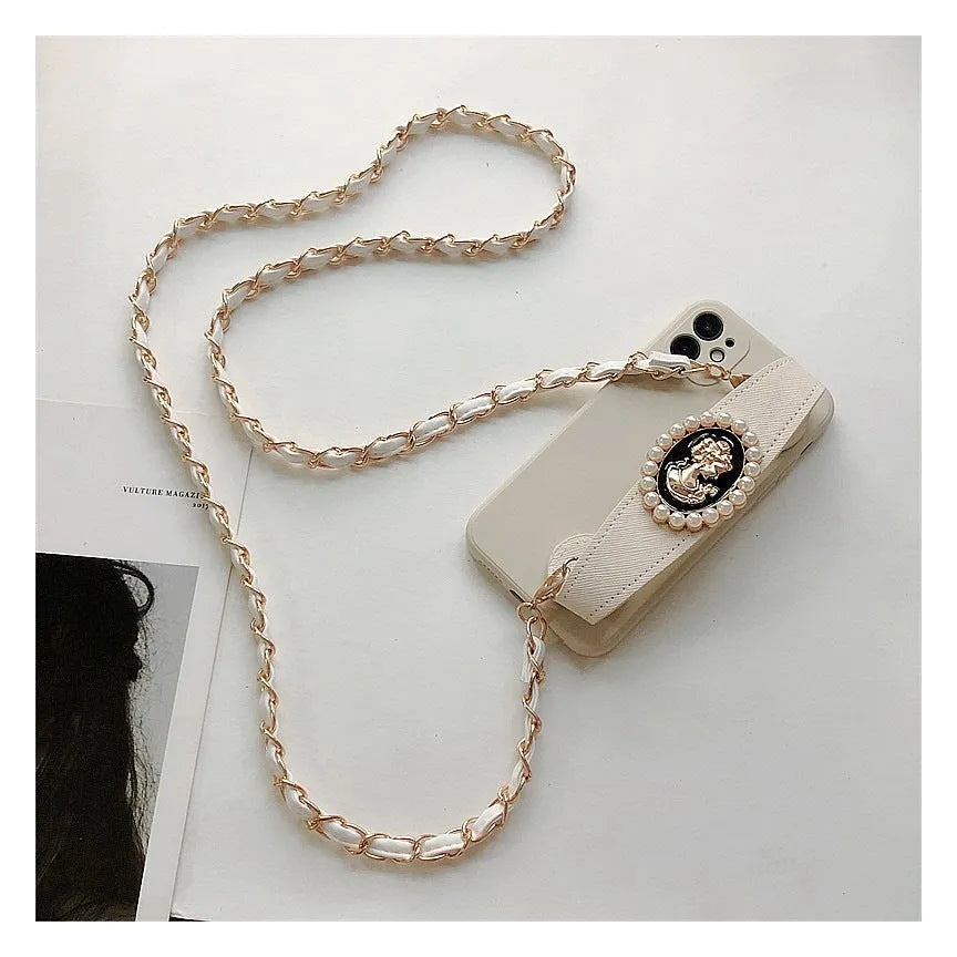 White TPU back cover phone case with wrist strap and crossbody chain for iPhone, shown with included lanyard.