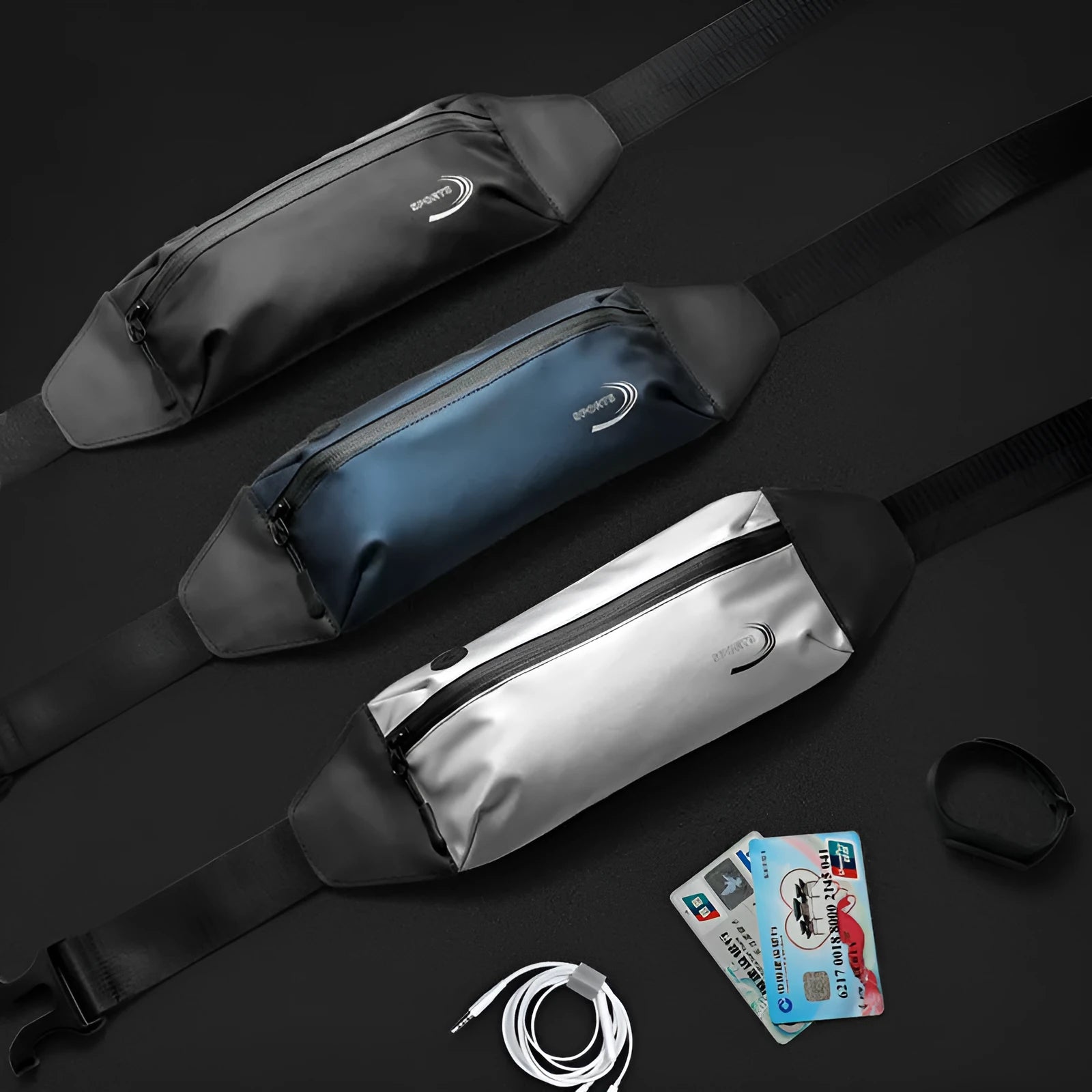 Men's blue waterproof sports waist bag made from Derm Oxford polyester with waist strap