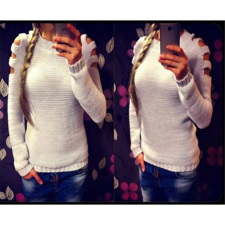 Women's grey crocheted hollow-out long-sleeved shirt with a round neckline.