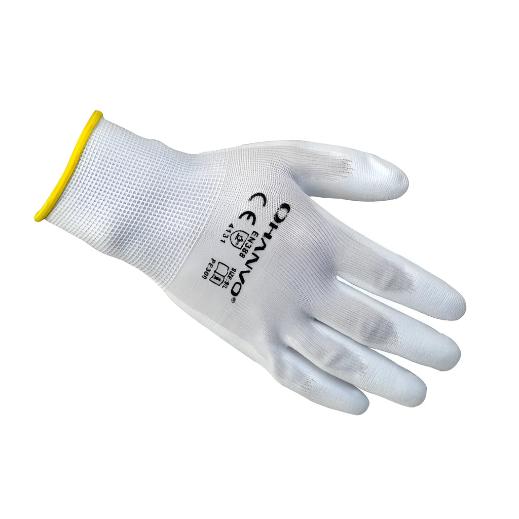 White PU coated work gloves with cotton lining showing palm texture and wrist area