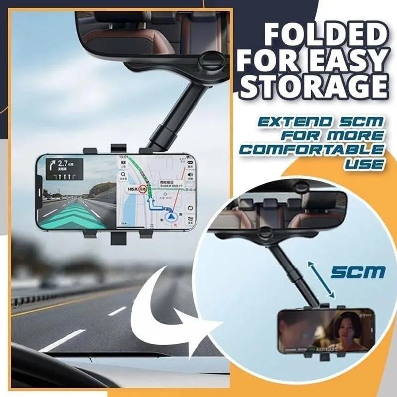 Black rearview mirror phone holder with 360° rotating head and retractable arm extended