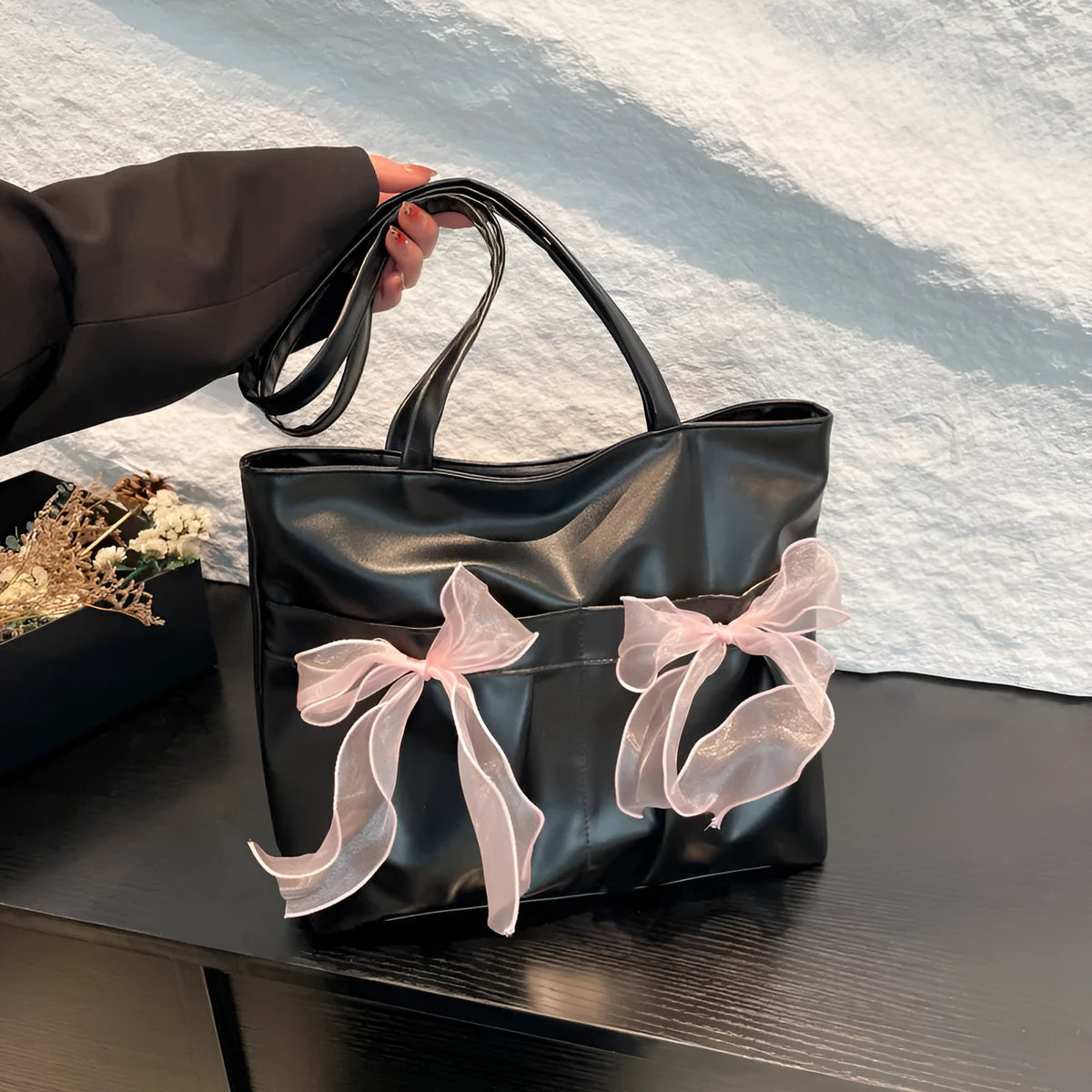 Black college style bow tote bag with large capacity and double shoulder straps