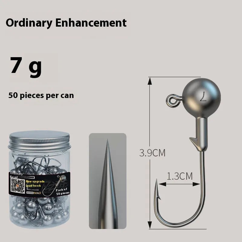 50-piece jig hook fishing set with lead heads in primary colour showing three steel construction variants
