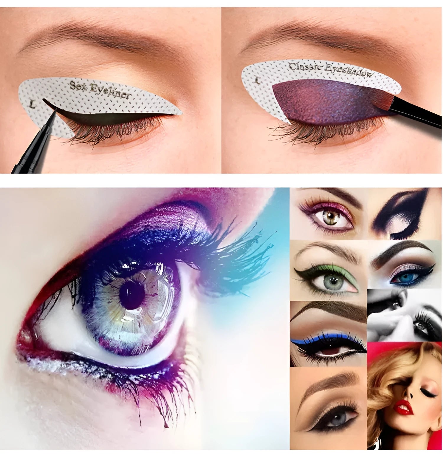 Pack of four reusable flexible eyeliner and eyeshadow makeup stencil stickers on a pink background