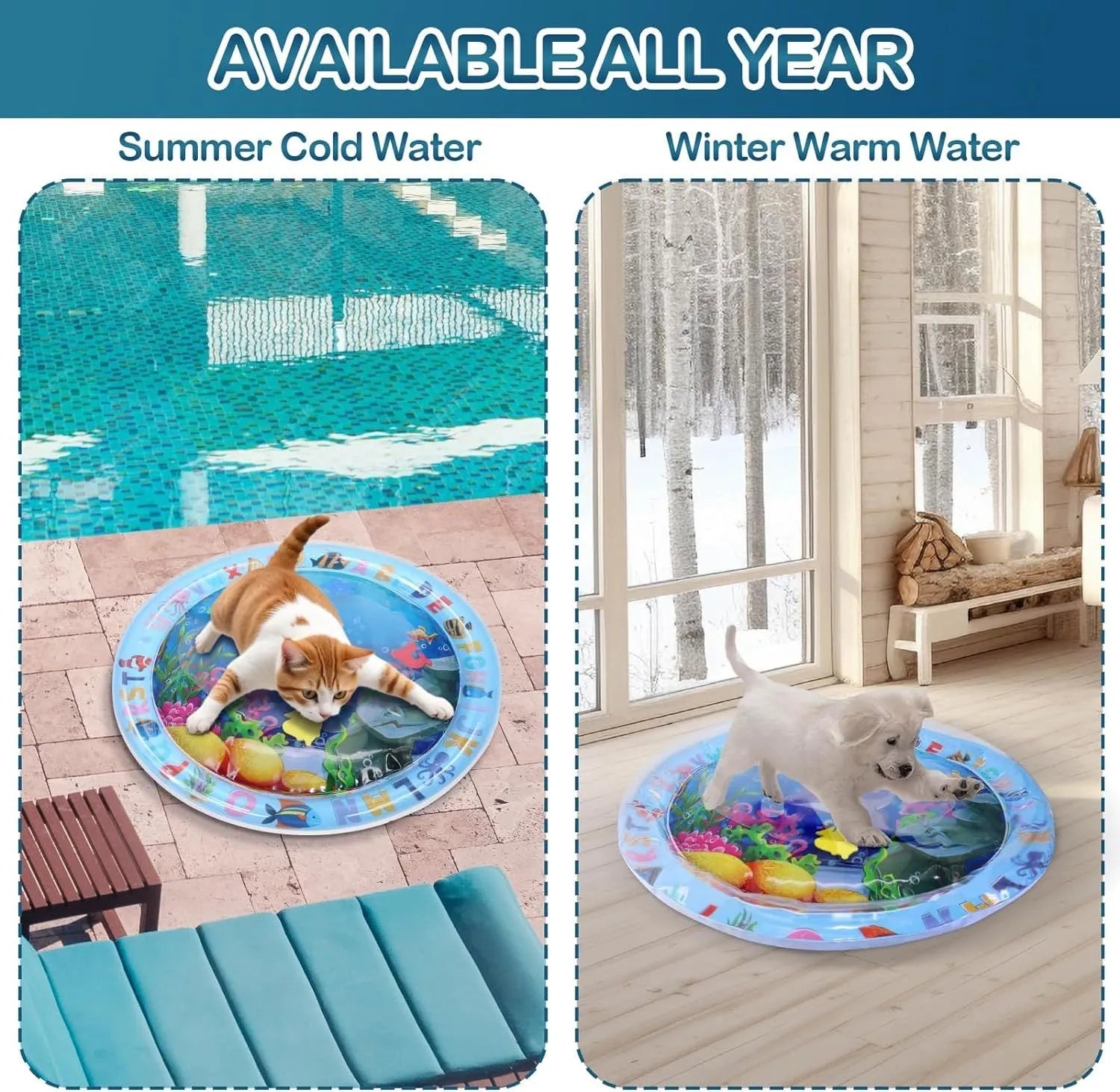 Square blue water sensory playmat for cats with floating fish toys on surface