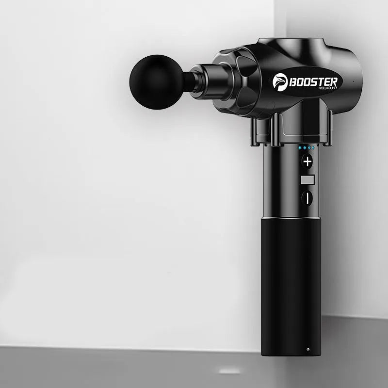 Black and white muscle massage gun with adjustable speed settings and a 12mm stroke.