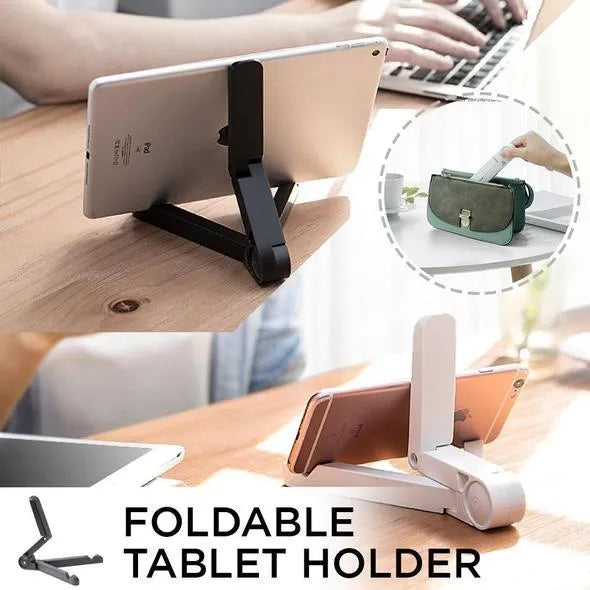 Black foldable tablet holder displaying a smartphone in landscape mode on a desk.