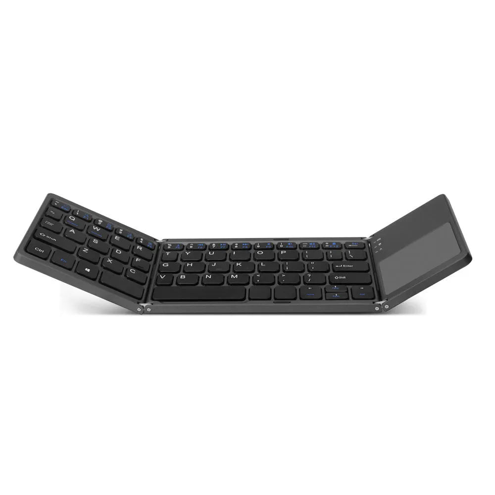 Black tri-fold portable Bluetooth keyboard with touchpad, shown folded and unfolded next to a smartphone.