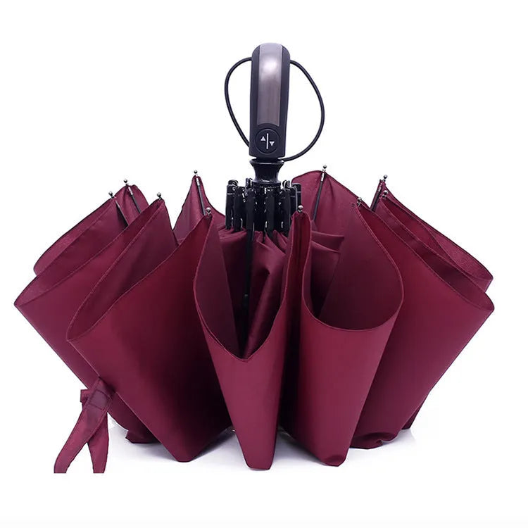 Triple folding automatic advertising umbrella in black, navy, or wine red with steel frame