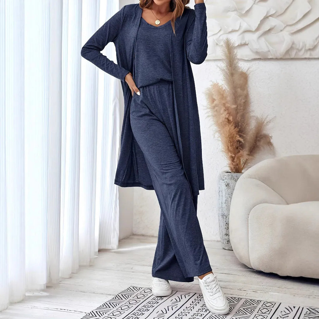 Women's blue three-piece casual suit with sling top, cardigan and trousers