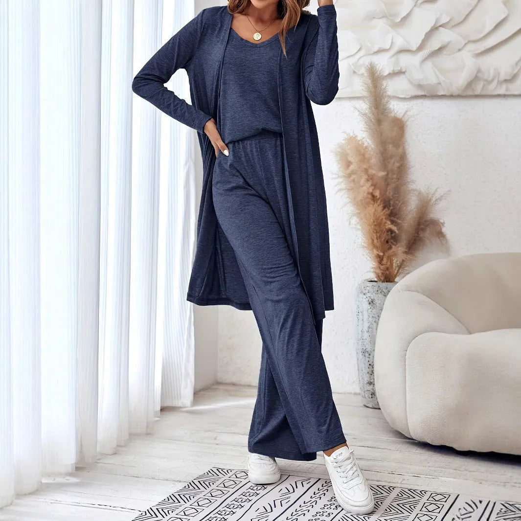 Women's blue three-piece casual suit with sling top, cardigan and trousers