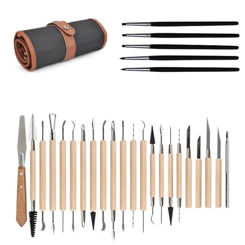 Brown 27-piece pottery clay sculpting tool set with wooden handles and stainless steel ends, includes storage bag.