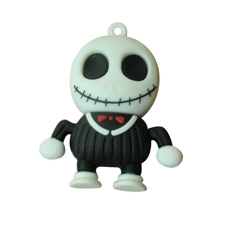 Halloween-themed skeleton skull USB flash drive with chain, showing detailed PVC cartoon design.