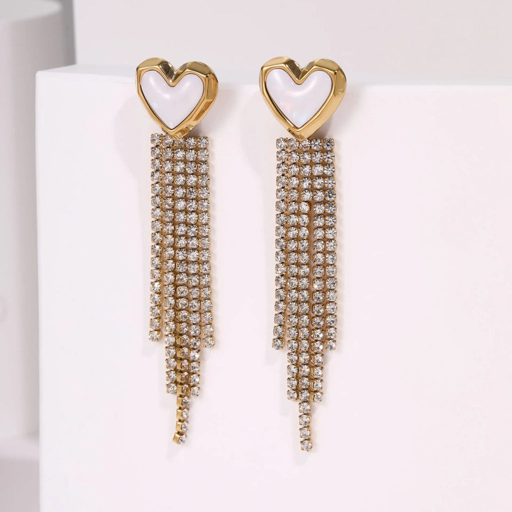 Diamond tassel love heart and star stainless steel earrings with 18K gold plating and geometric design