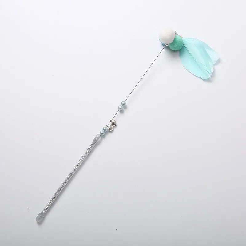 Funny cat stick toy with plush goldfish, 35cm steel wire and plastic wand, grey blue or pink