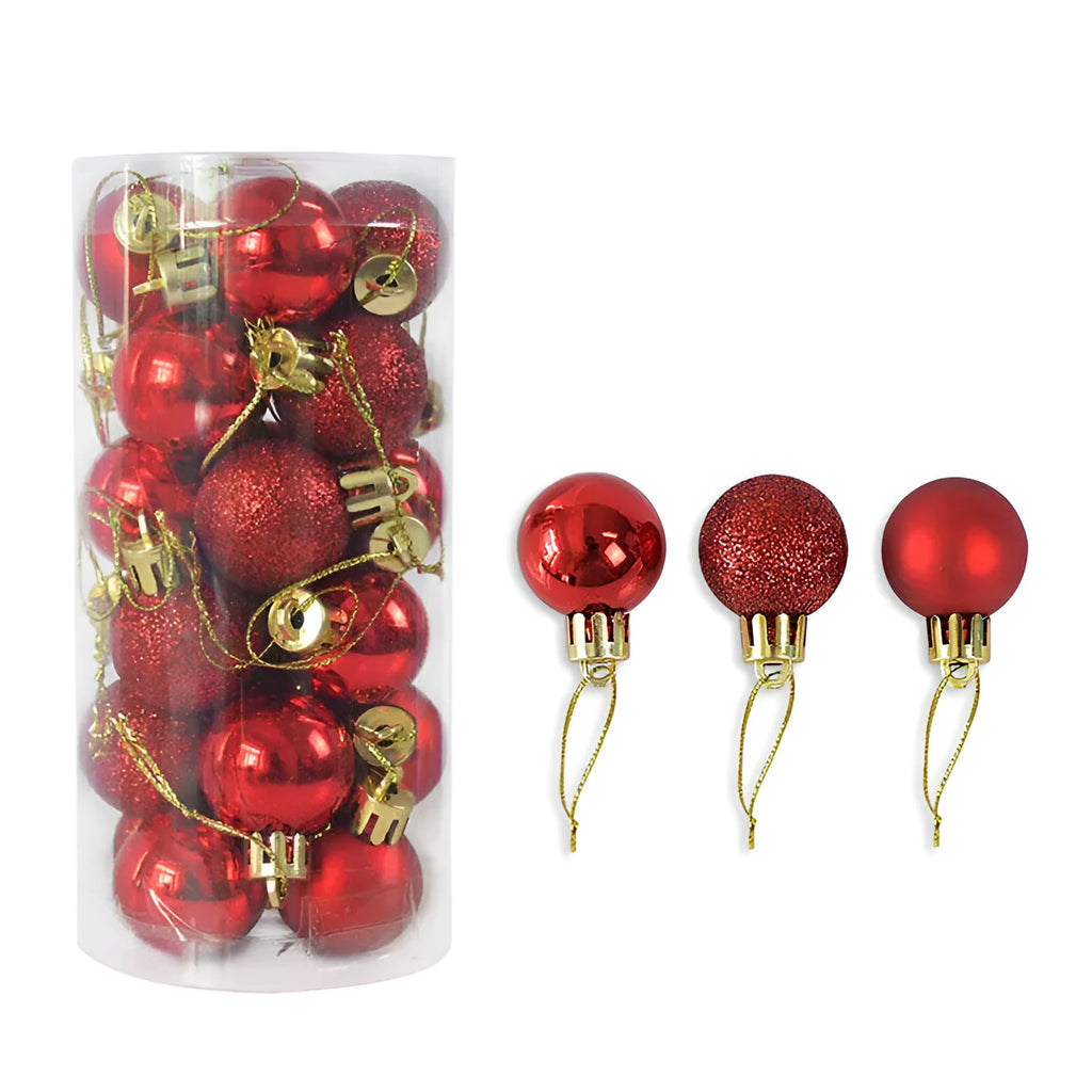Assortment of 3cm shiny and matte electroplated plastic Christmas baubles in various colours including gold, red, and silver.