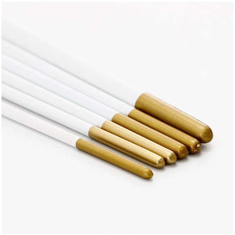 Set of six wood-handled artist paint brushes with aluminium ferrules on a white background.