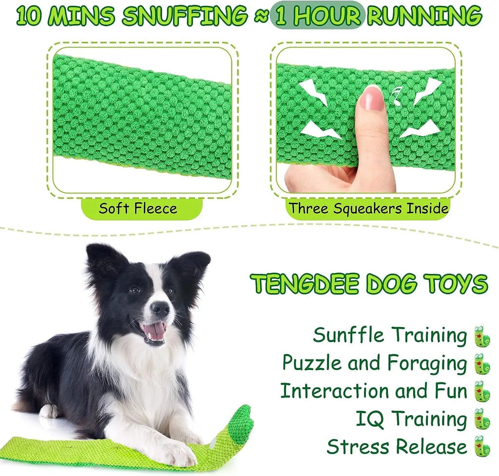 Thick velvet dog puzzle toy that transforms between snail and stick shapes with hidden food holes