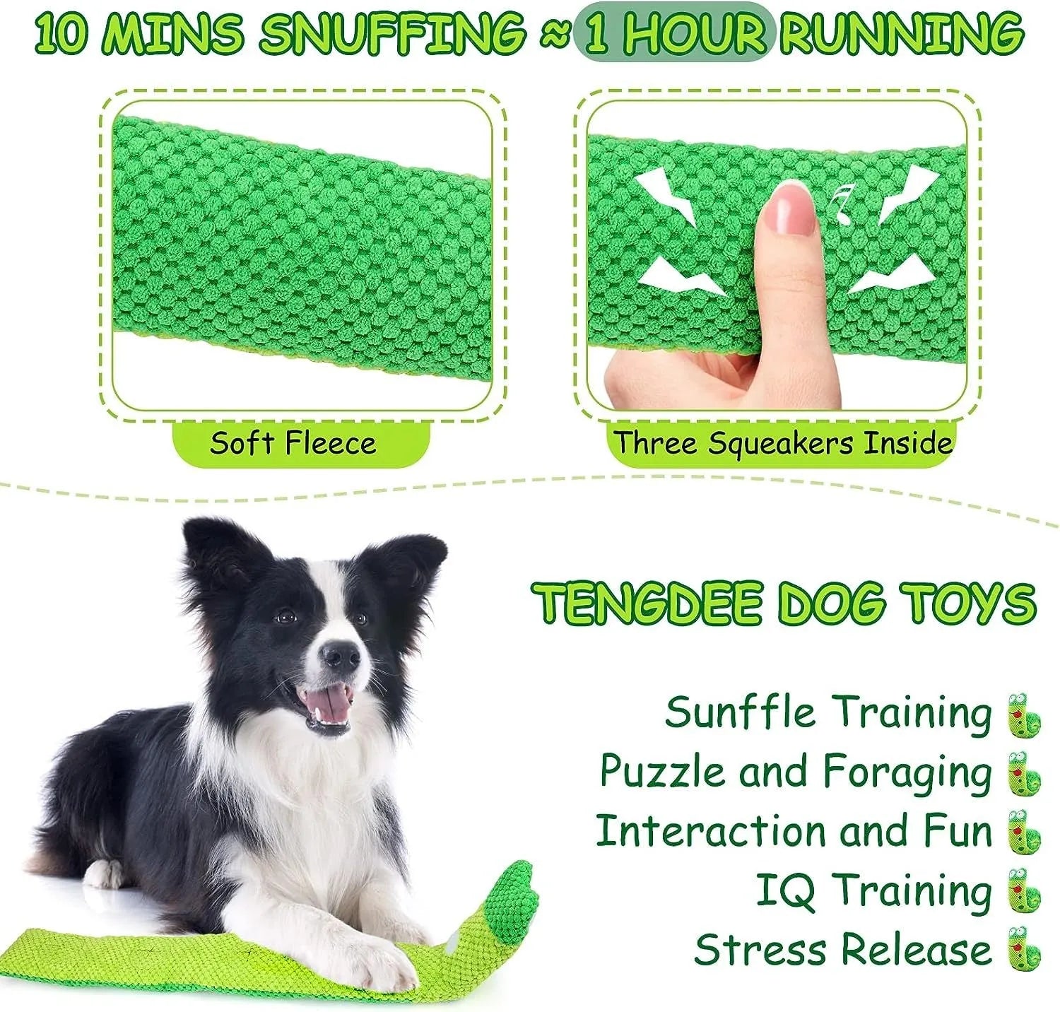 Thick velvet dog puzzle toy that transforms between snail and stick shapes with hidden food holes