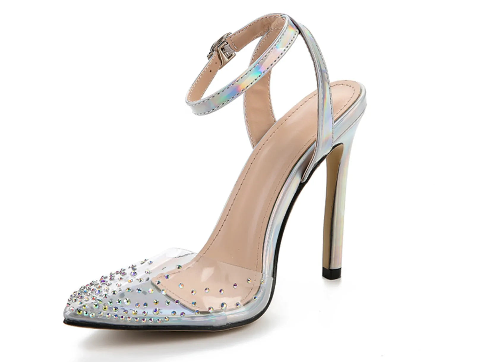 Women's pointed toe diamond sandals with stiletto heels in PVC material