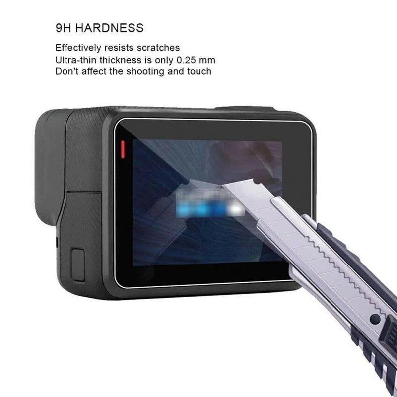 GoPro Hero camera with transparent tempered glass lens protector and LCD screen protector film applied.