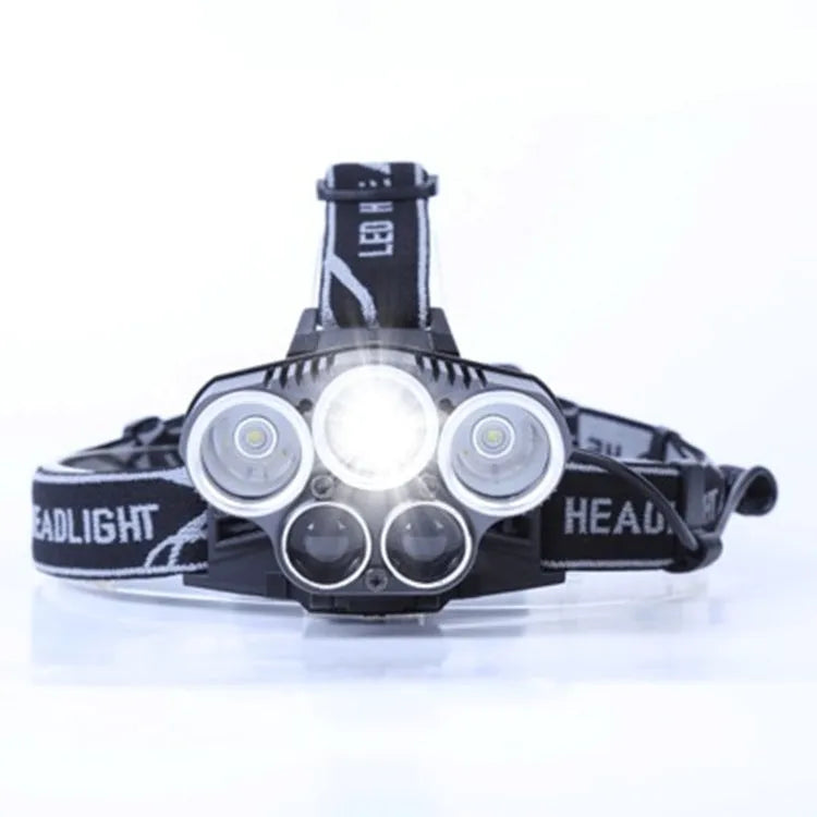 Outdoor head-mounted LED torch with adjustable strap, shown with strong beam illumination.