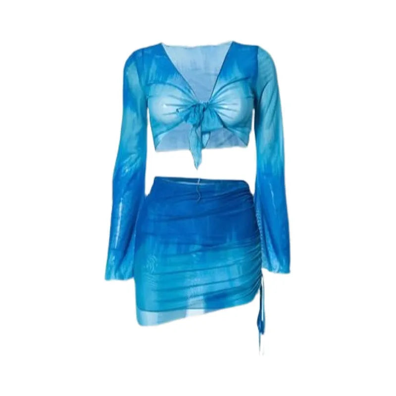 Women's blue four-piece bikini swimsuit set with high-waisted briefs and backless bra design