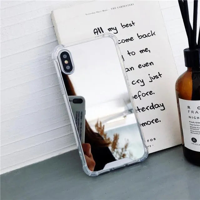 Mirror finish iPhone case in various colours showing reflective surface and TPU soft protective construction