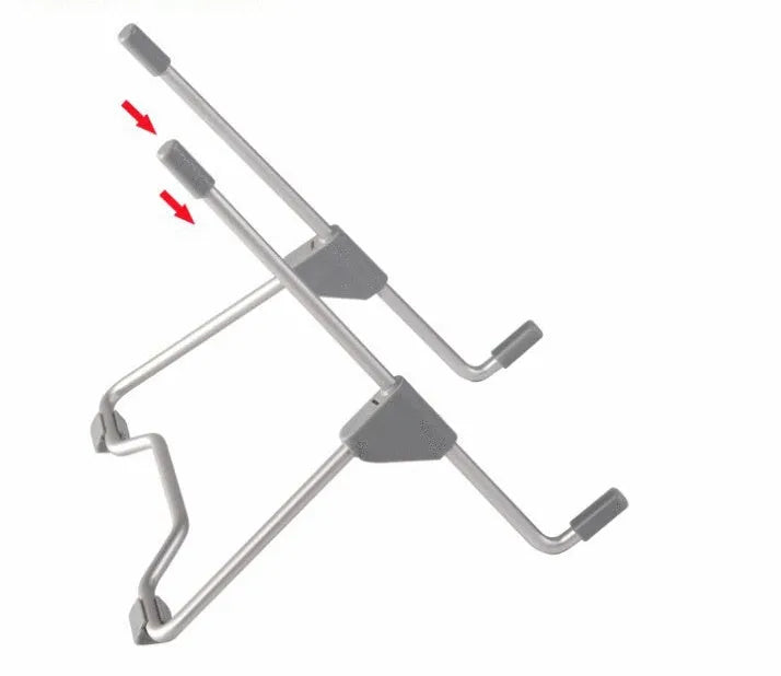 Grey aluminium alloy and plastic folding stand holding a mobile phone and a small laptop.