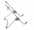 Grey aluminium alloy and plastic folding stand holding a mobile phone and a small laptop.