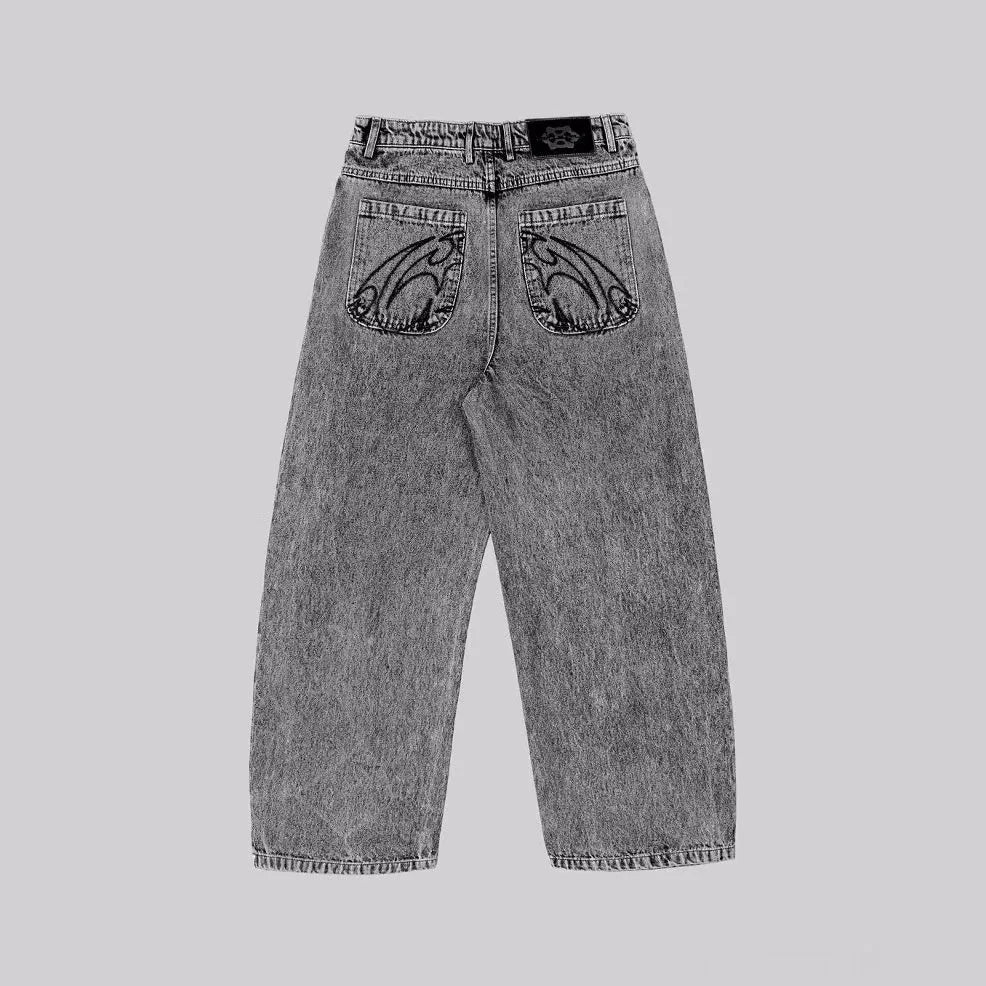 Grey loose-fit straight-leg cotton denim trousers on a mid-waist mannequin