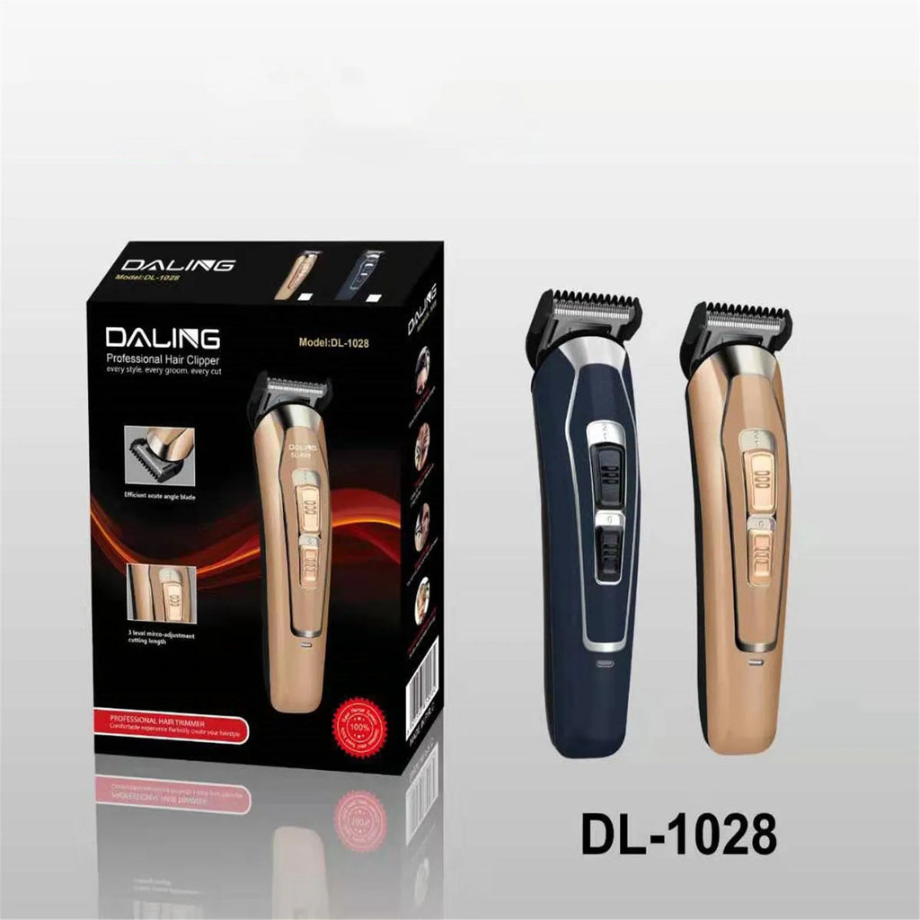 Dark blue rechargeable electric hair clipper with stainless steel blades on a white background.