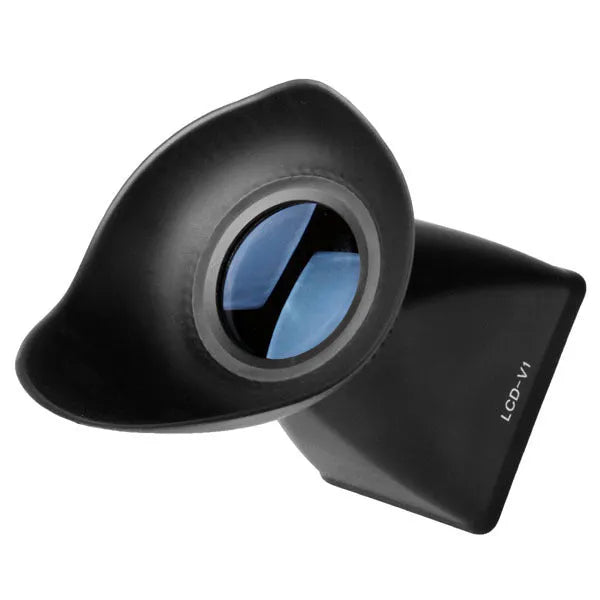 Black camera LCD viewfinder magnifier with magnetic quick-release attachment shown on a DSLR.