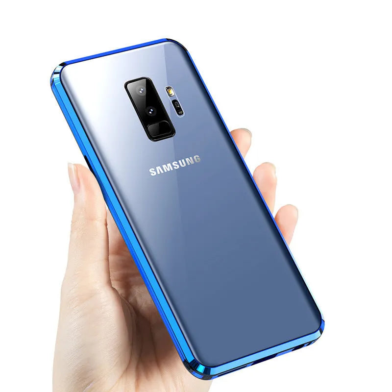 Black clamshell magnetic phone case for Samsung Galaxy phones with anti-peeping screen protection.