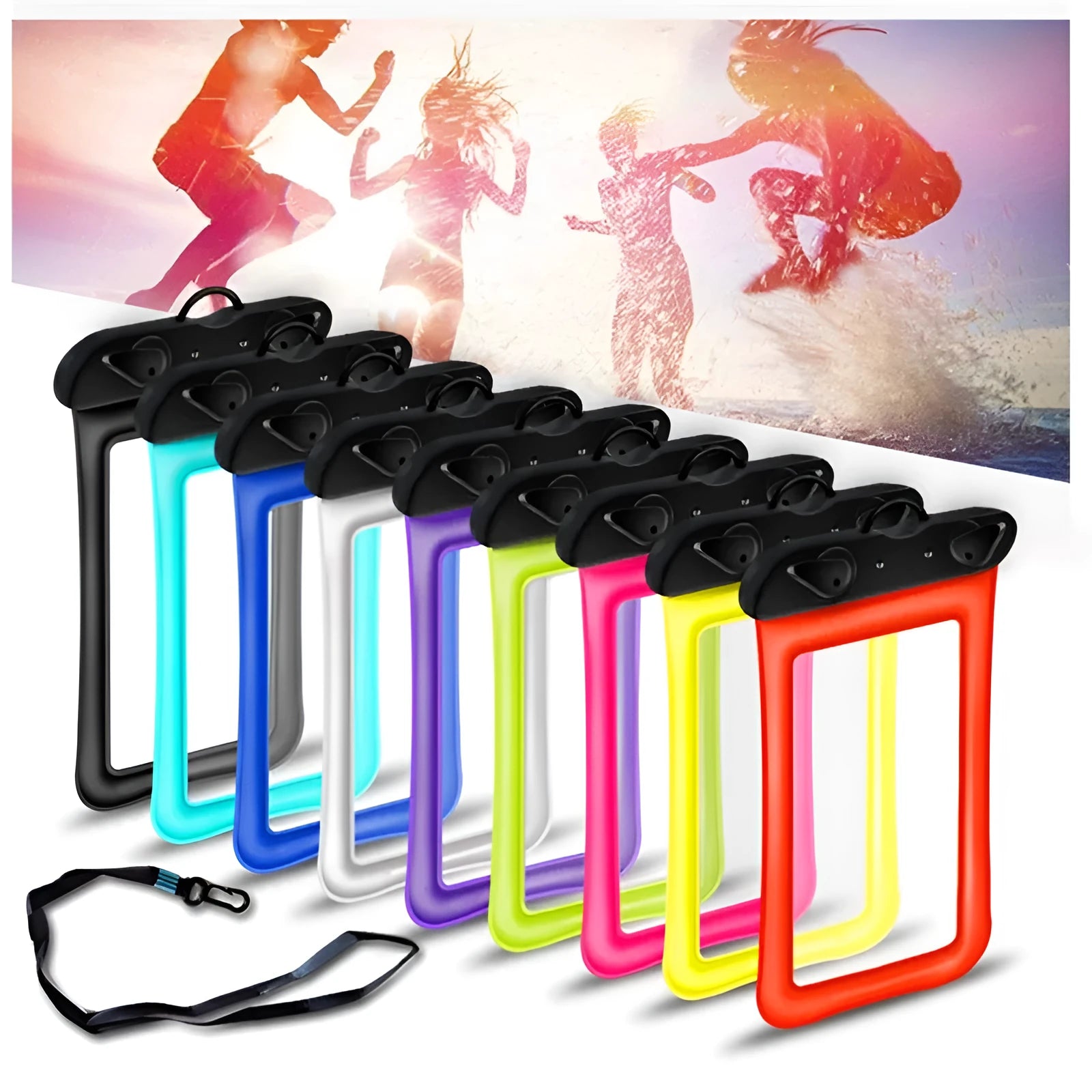 Double airbag waterproof phone pouch with neck rope in multiple colour options.