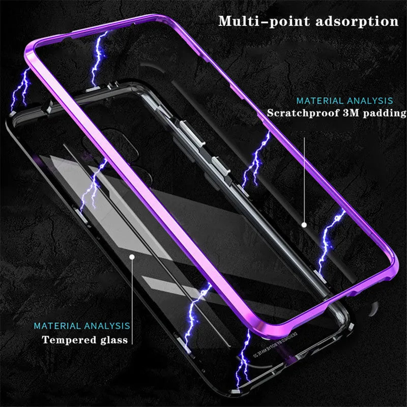 Magnetic Huawei phone case with metal frame and clear glass back showing phone design
