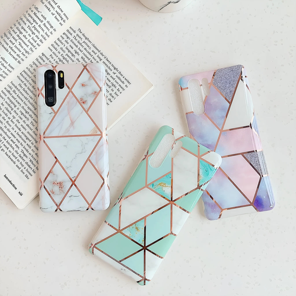 Electroplated marble mobile phone case with holographic finish on smartphone