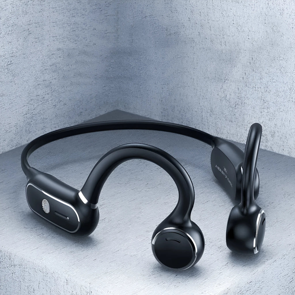 Black air conduction wireless earphones with titanium frame showing touch controls and ergonomic ear-hook design