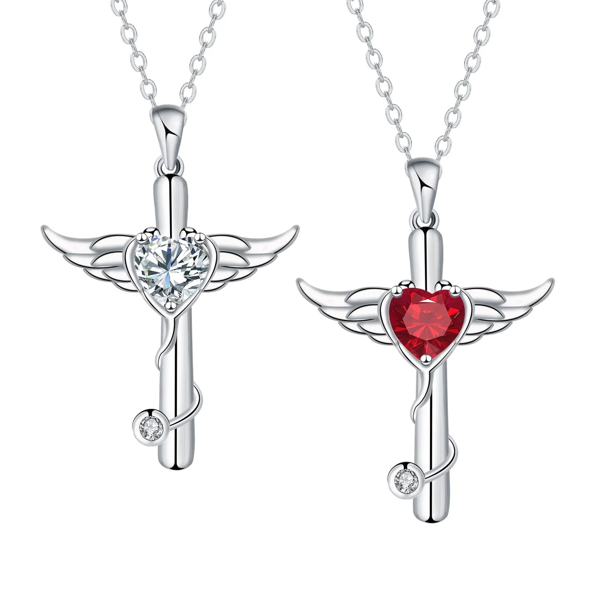 Women's casual wings cross stethoscope necklace in electroplated copper with red diamond or white diamond finish