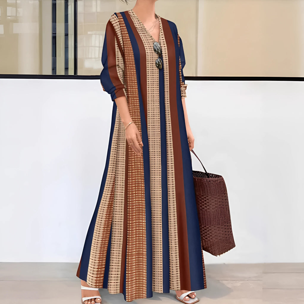Camel vertical stripe knitted V-neck dress with A-line skirt and long sleeves